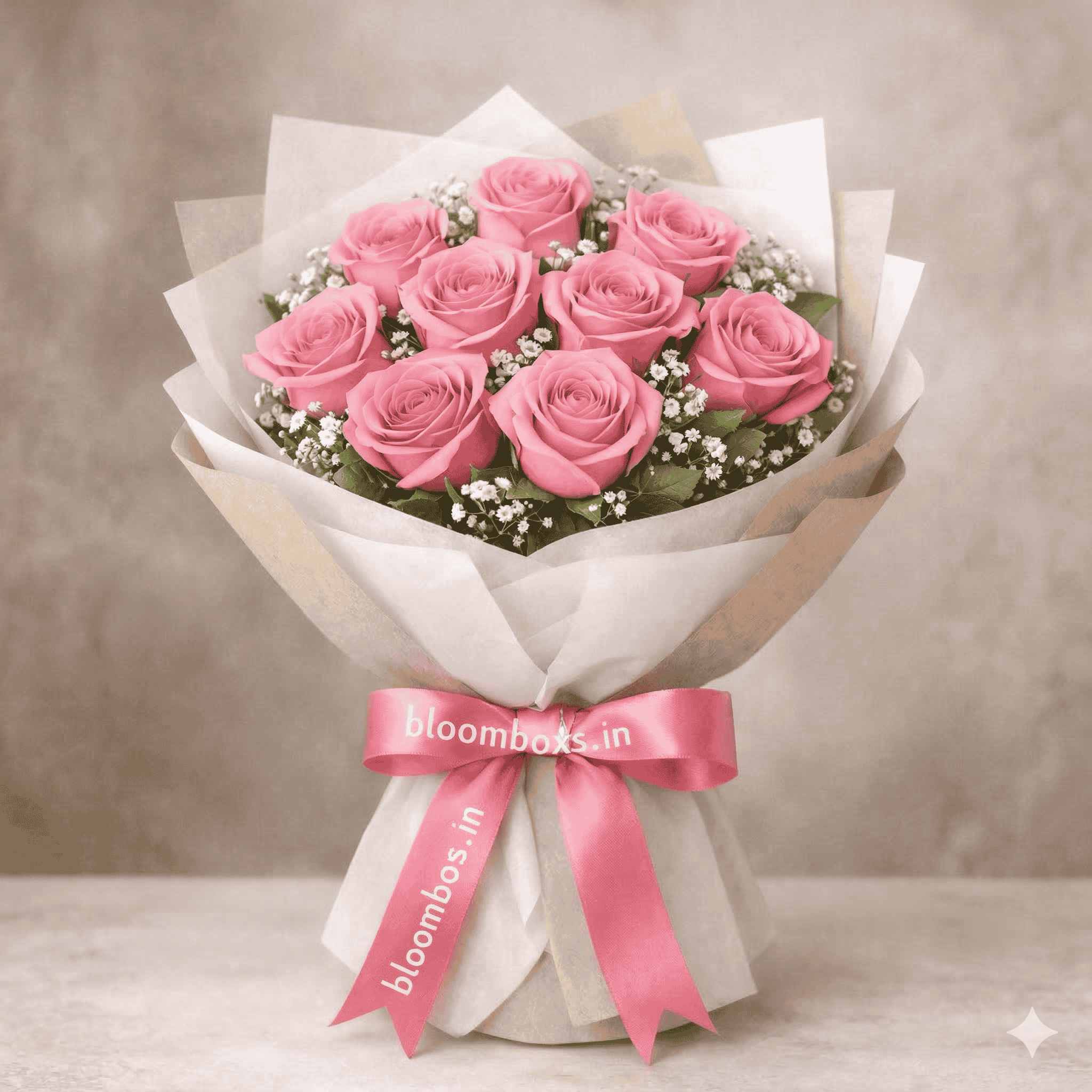 blush wrap 10 pink roses bouquet elegant soft pink flowers premium wrapping Delhi NCR