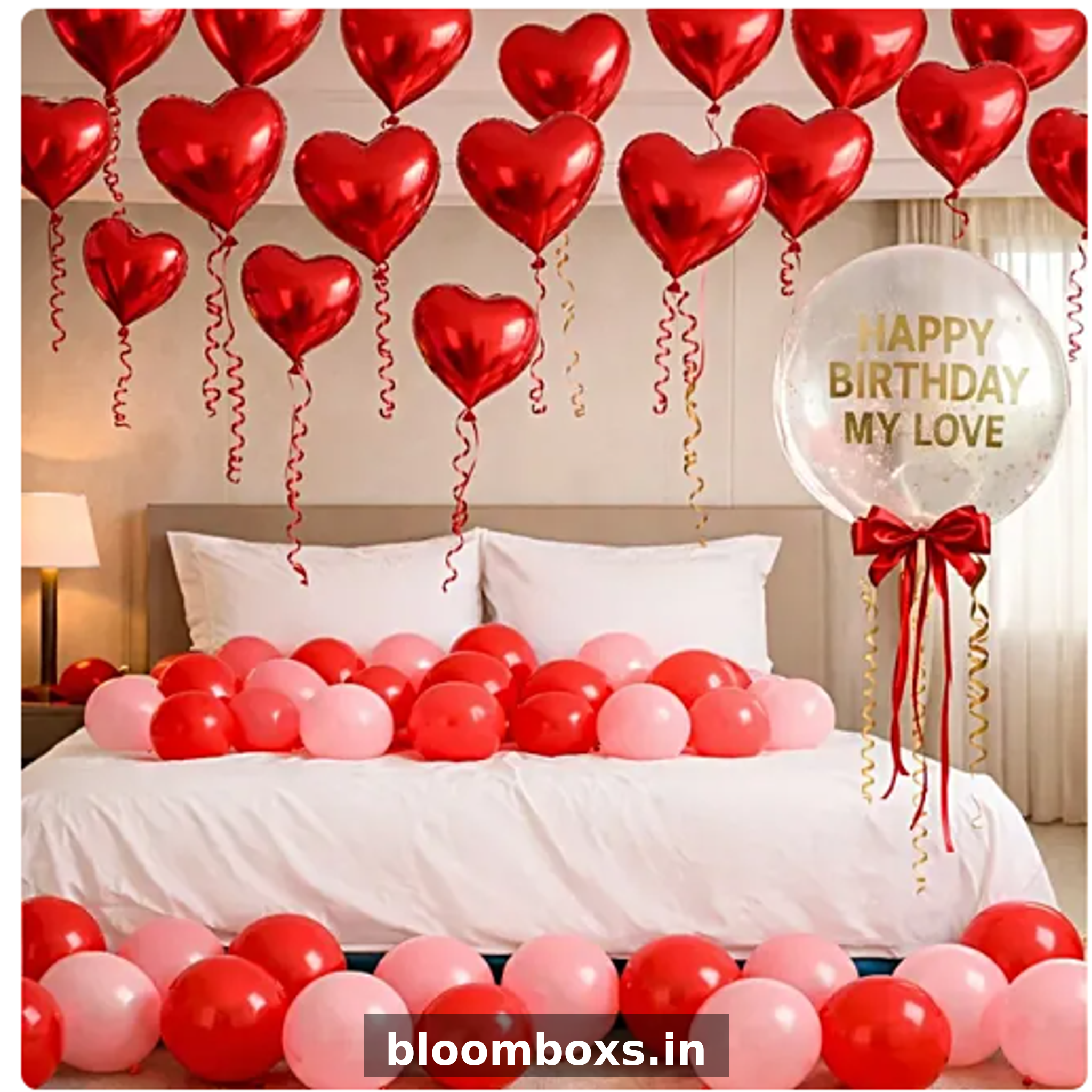Romantic birthday room decoration with red heart helium balloons and love theme setup