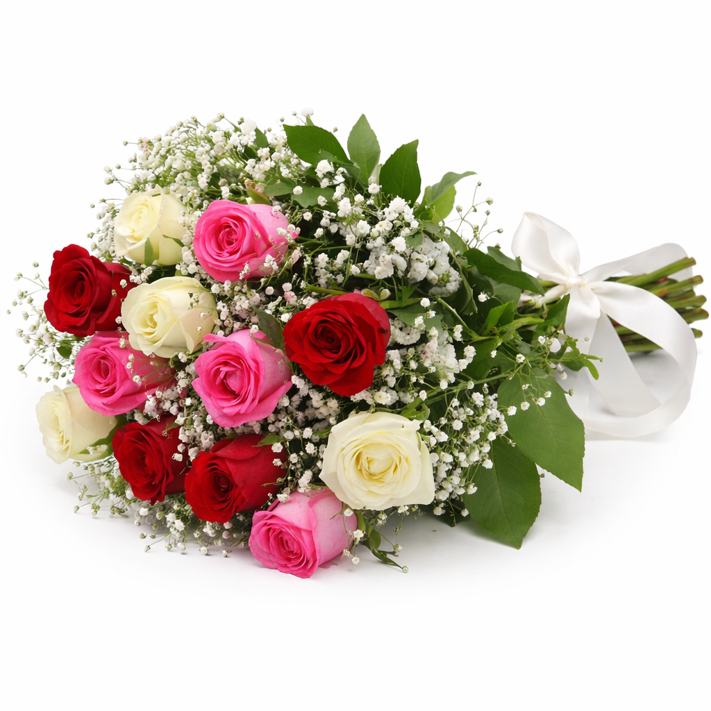 12 Stem Multicolored Rose Bouquet in Korean Wrapping