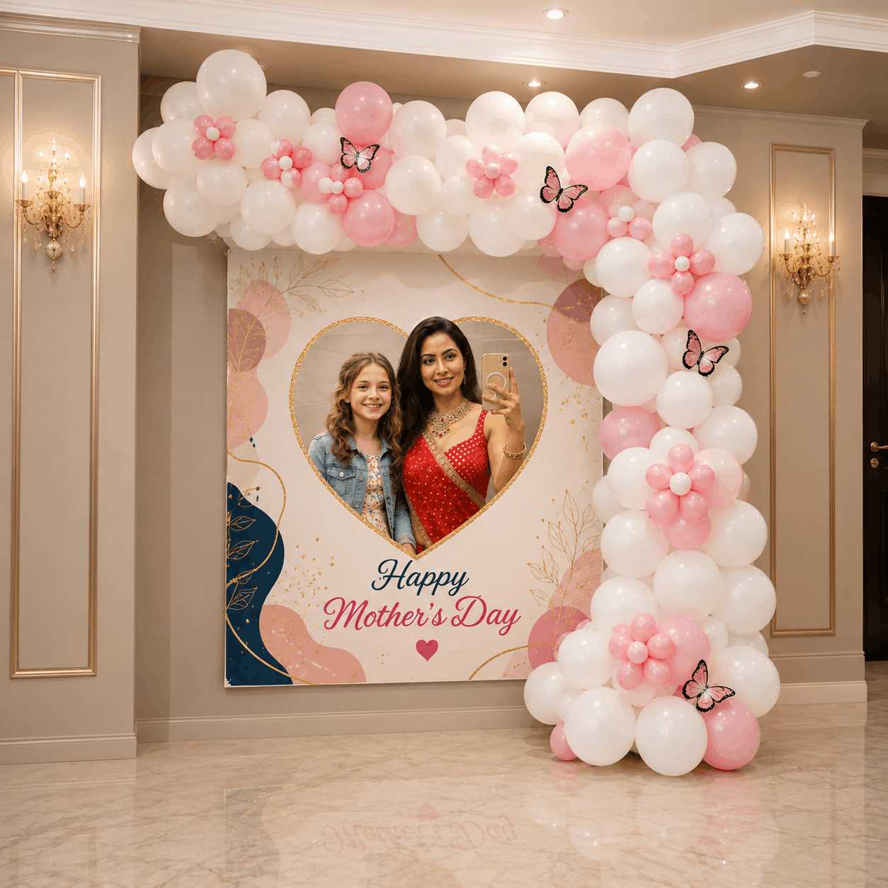 Personalized Peach Blossom Mother’s Day Balloon Decoration Setup with White and Peach Balloons