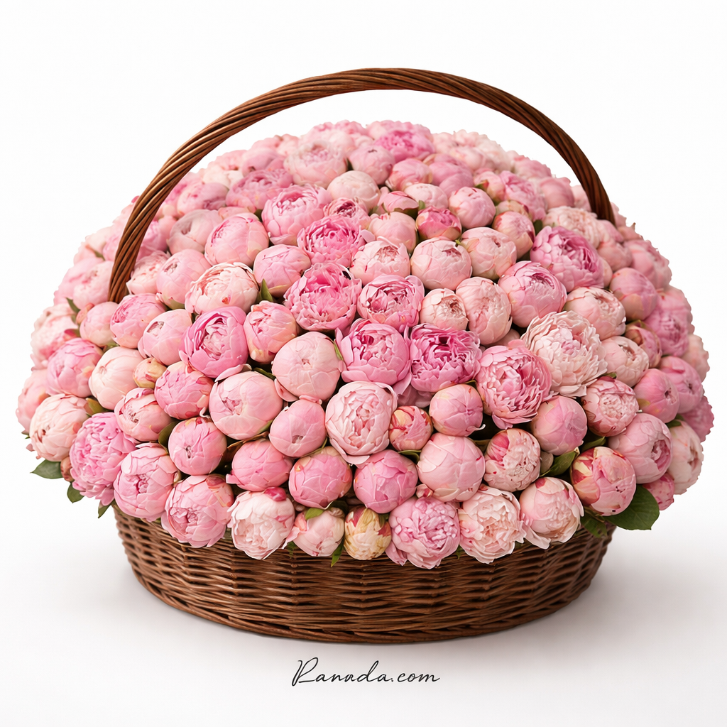 365 pink peonies luxury basket with gypsophilia in brown woven basket