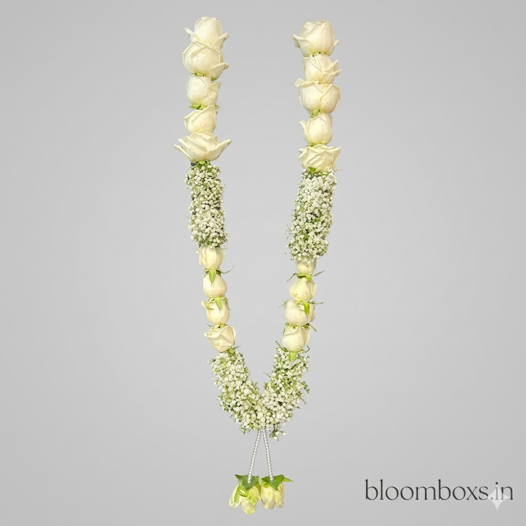 White rose and gypsy flower garland made with fresh roses and baby’s breath for wedding and pooja decoration