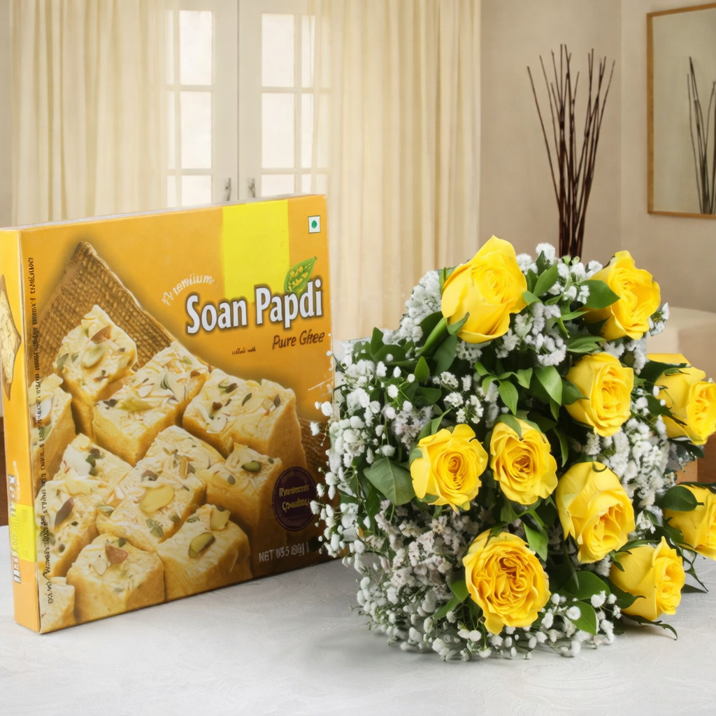 10 Yellow Roses Bouquet with Ribbon and Soan Papdi Gift Box
