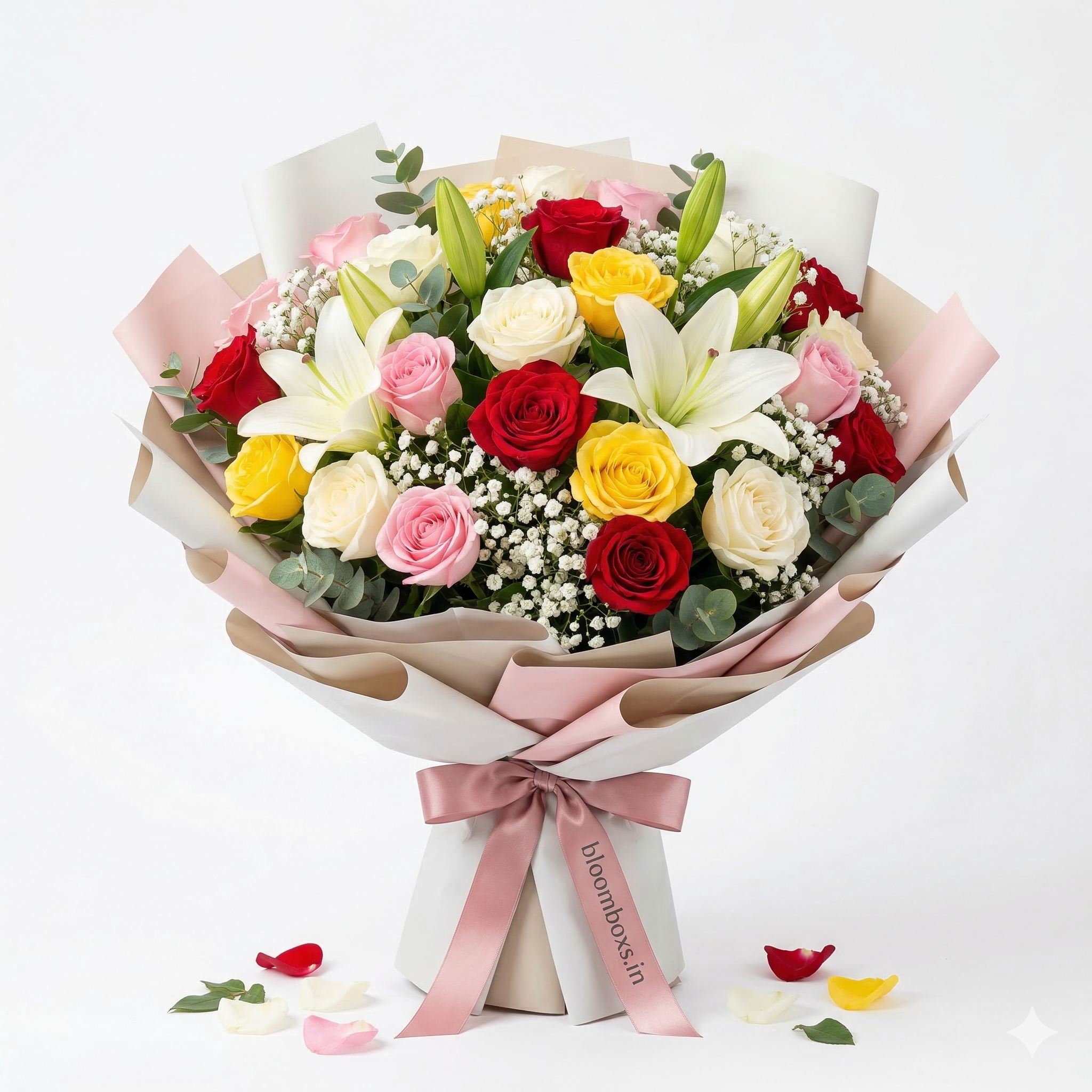 Mixed Flower Bouquet – Roses, Lilies & Gerbera Fresh Arrangement Premium Mixed Flower Bouquet Online – Roses & Lilies | Bloomboxs.in