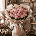 majestic bouquet 30 white and 20 pink roses luxury flower arrangement elegant wrapping Delhi NCR