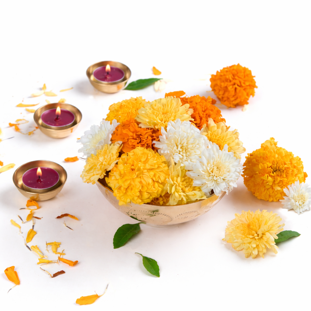 Fresh daily pooja flower subscription with marigold, rose and jasmine flowers