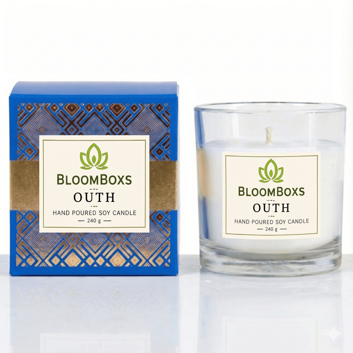 Outh Candle A lit oudh scented candle in an amber glass jar, casting a warm glow.