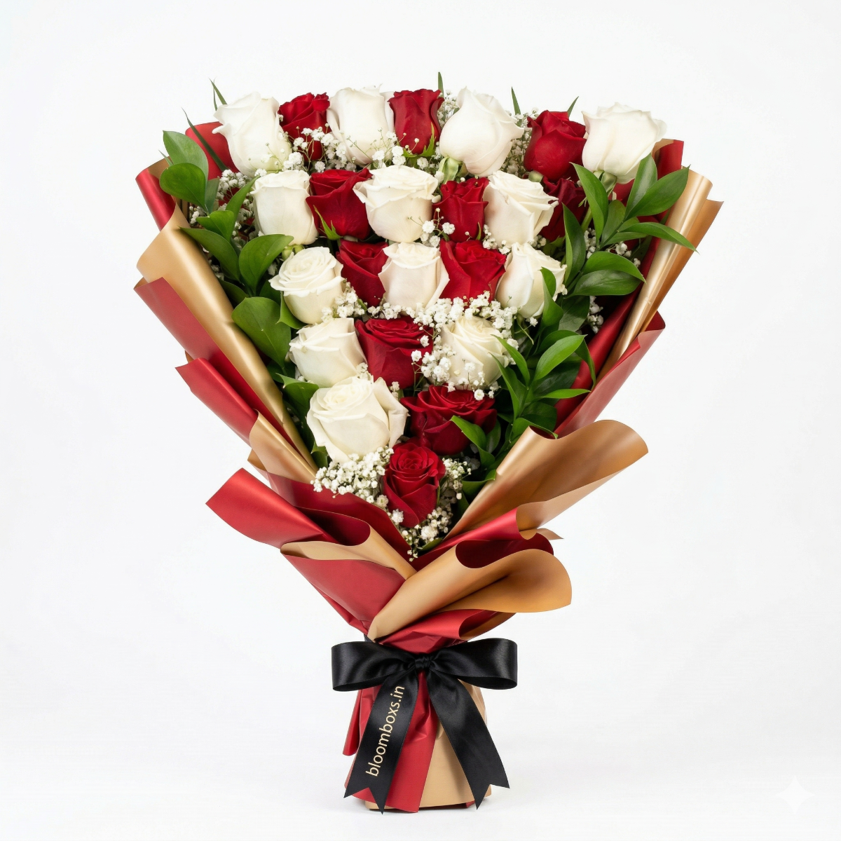 Red and white rose bouquet wrapped in red and gold paper with black ribbon