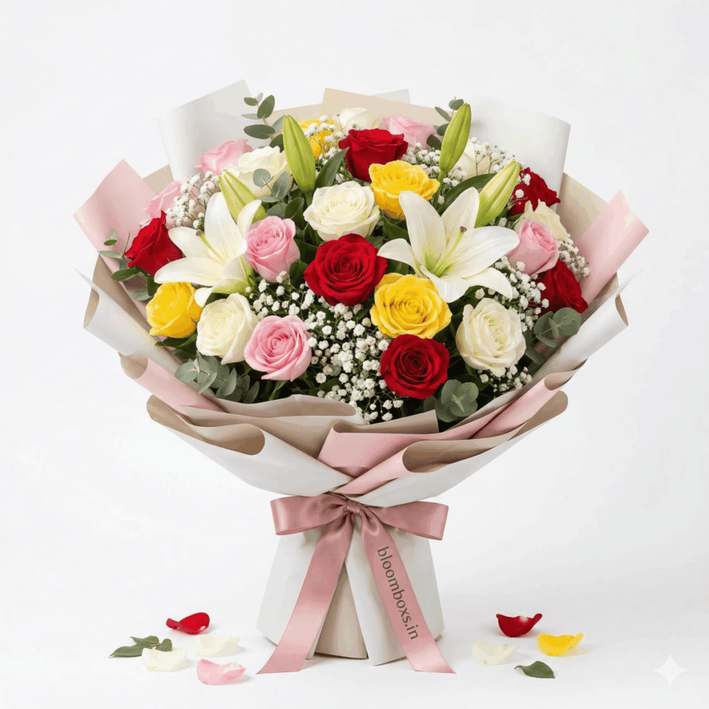 Colorful mixed flower bouquet with roses, gerberas, and lilies wrapped in premium paper with a satin ribbon