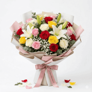 Colorful mixed flower bouquet with roses, gerberas, and lilies wrapped in premium paper with a satin ribbon