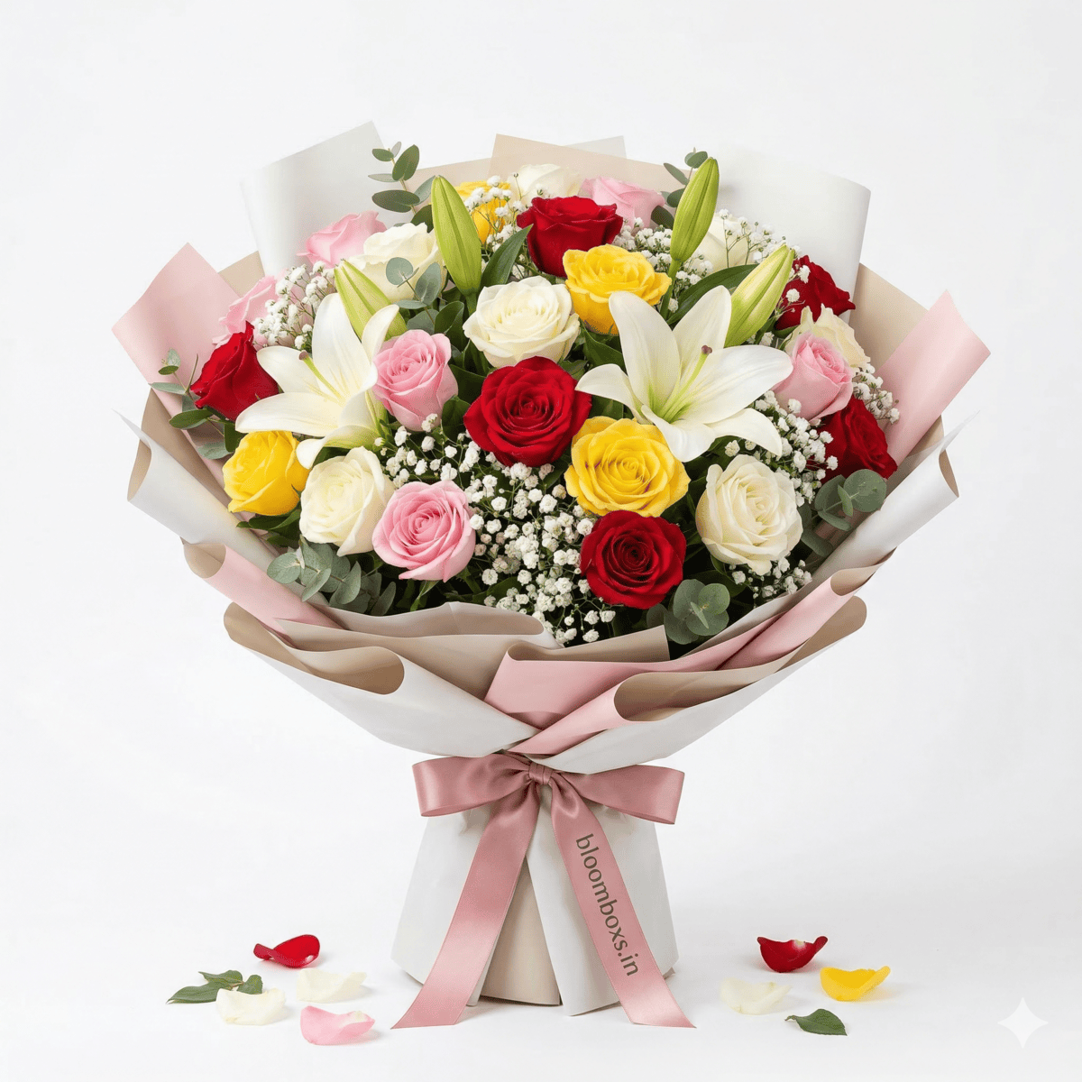 mixe flower bouquet Colorful mixed flower bouquet with roses, gerberas, and lilies wrapped in premium paper with a satin ribbon