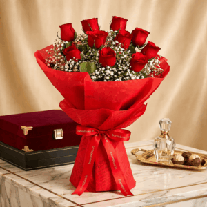 Elegant bouquet of 10 red roses with white baby's breath, wrapped in premium red paper and finished with a BloomBoxs.in satin ribbon