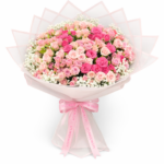 Premium bouquet of 100 pink, peach, and hot pink roses with white gypsophila, wrapped in elegant white paper with a pink satin ribbon.
