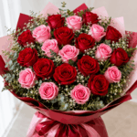 Beautiful mixed red and pink rose bouquet with baby's breath flowers in Delhi NCR