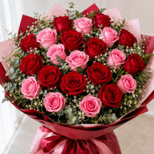 Beautiful mixed red and pink rose bouquet with baby's breath flowers in Delhi NCR