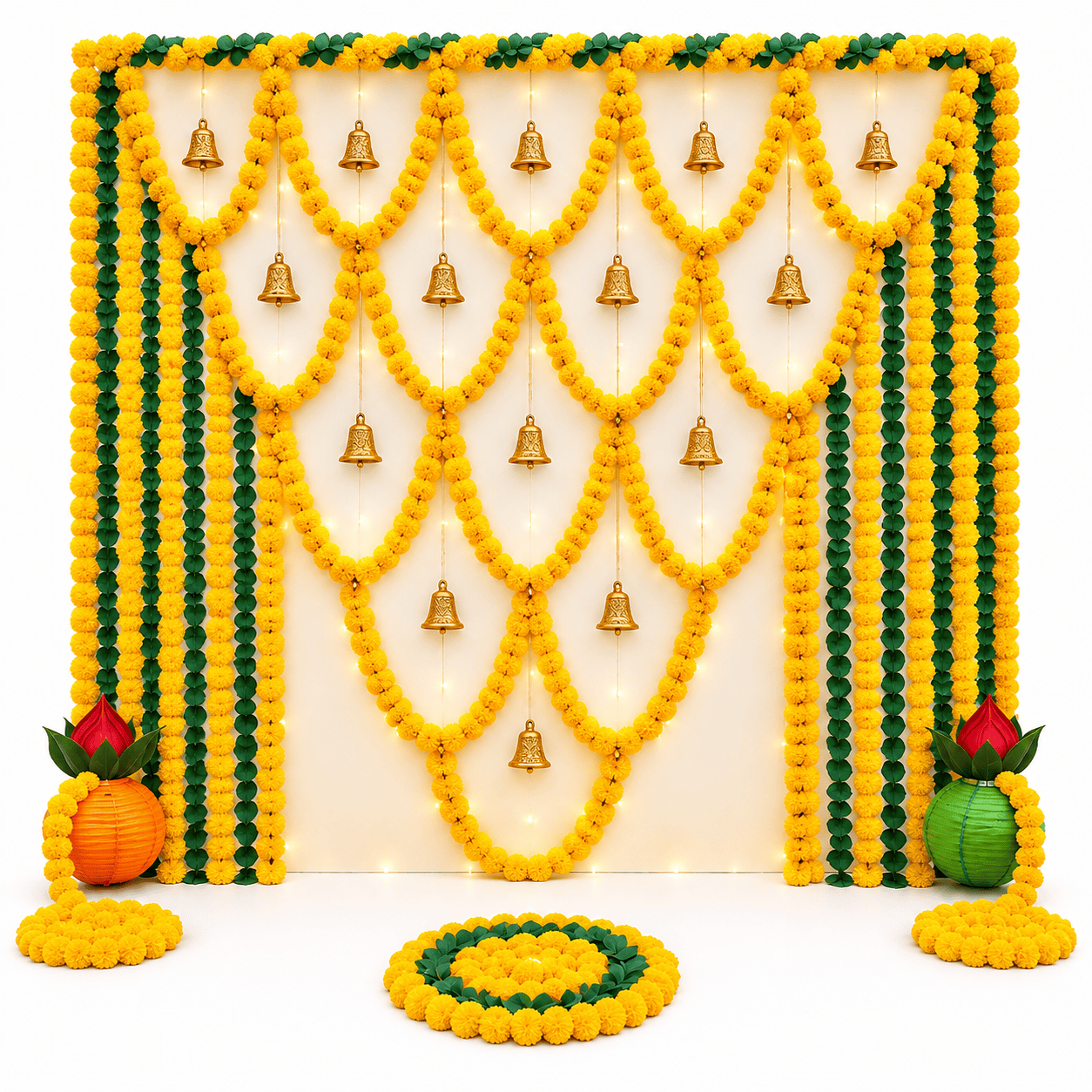 Festive Marigold Bell Backdrop Festival golden bell decoration with stand and yellow marigold flower garlands for festive decoration in Delhi NCR