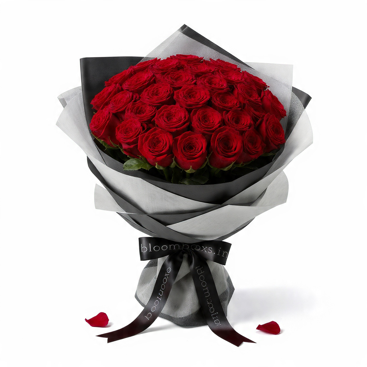 50 fresh red roses bouquet with elegant black and silver wrapping, Delhi NCR