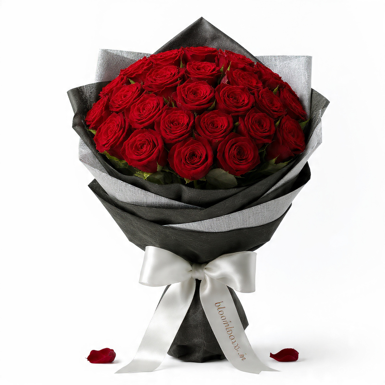 50 fresh red roses bouquet with elegant black and silver wrapping, Delhi NCR