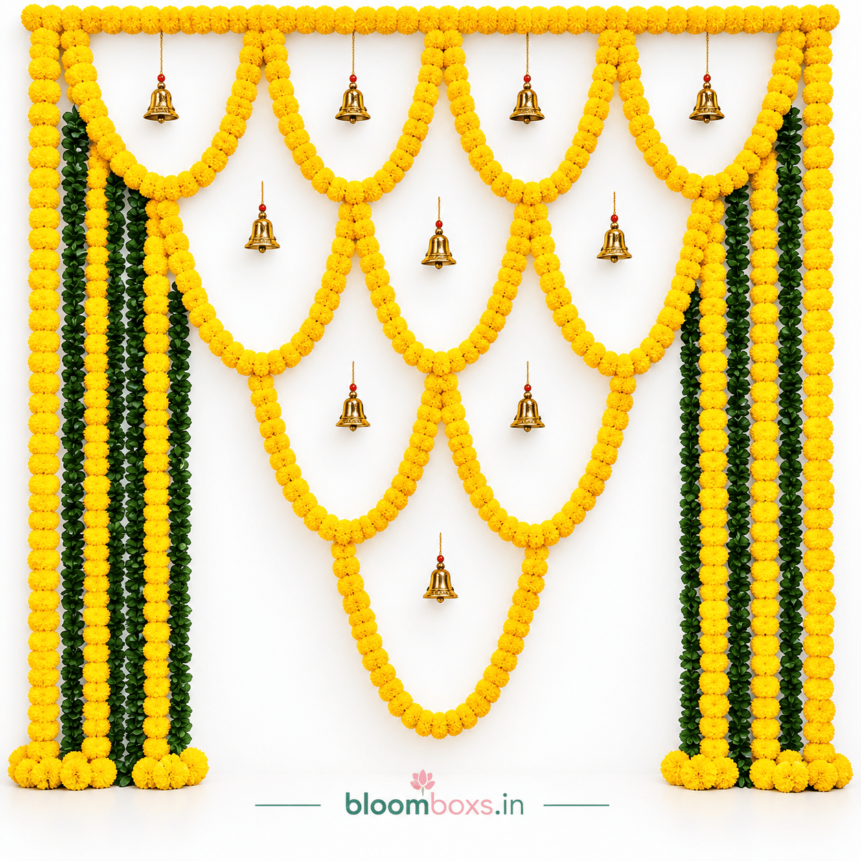 Traditional yellow marigold floral backdrop for Annaprashan decoration in Delhi NCR by Bloomboxs.in