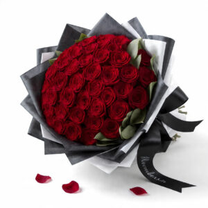 Premium 50 red roses flower bouquet with black and white wrapping and ribbon