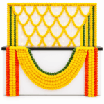 Reception counter decorated with fresh yellow marigold flower garlands, orange floral strings and green leaves in Delhi NCR