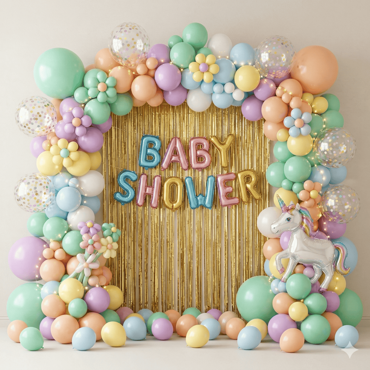pastel-unicorn-baby-shower-decoration.png Pastel unicorn baby shower balloon decoration with golden backdrop