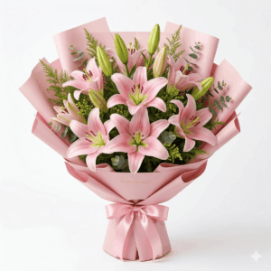 Pink Oriental lily bouquet with green foliage, wrapped in pink paper with a matching satin ribbon, by BloomBoxs.