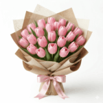 Pink tulip bouquet wrapped in beige kraft paper with a pink satin ribbon by BloomBoxs.