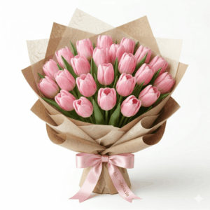 Pink tulip bouquet wrapped in beige kraft paper with a pink satin ribbon by BloomBoxs.