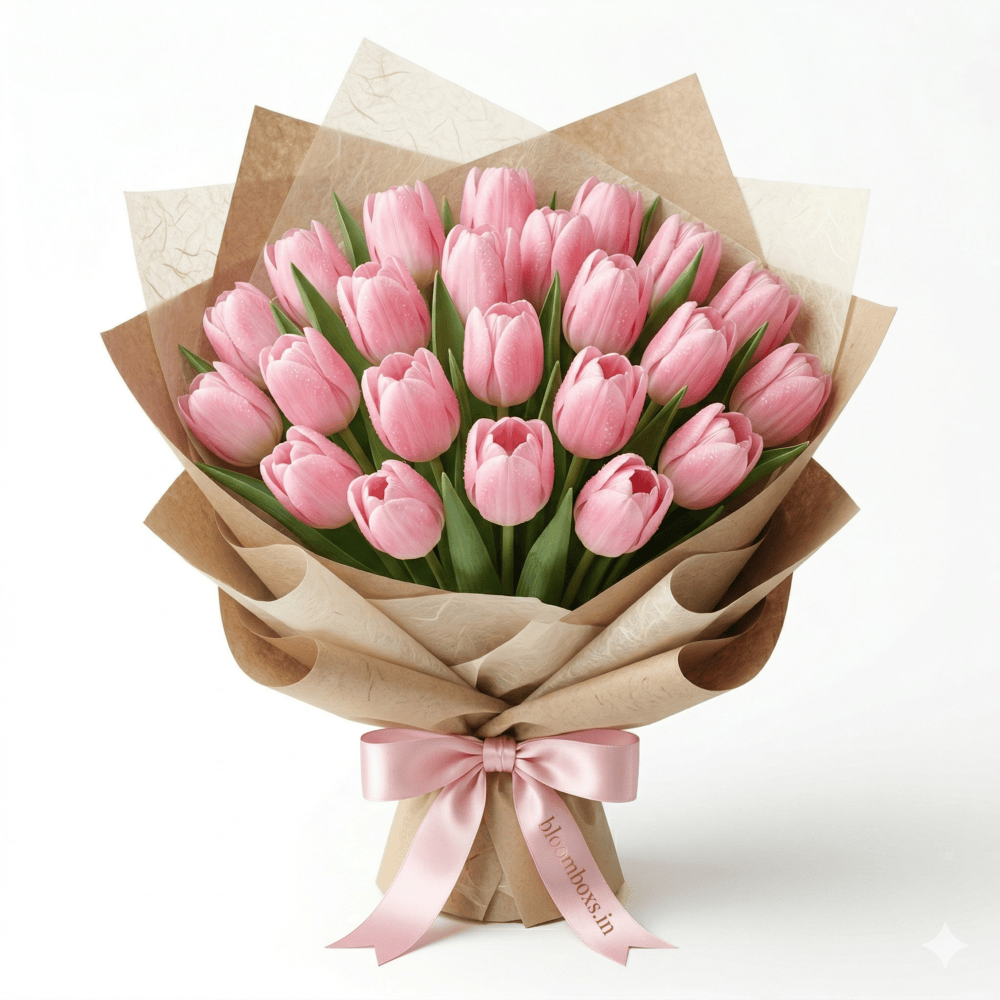 Pink tulip bouquet wrapped in beige kraft paper with a pink satin ribbon by BloomBoxs.
